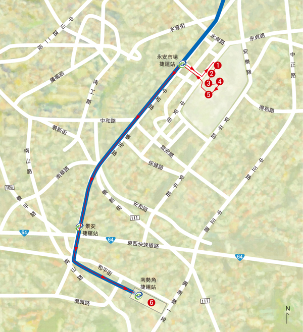 路線四 捷運中和線 捷運永安市場站 國立中央圖書館臺灣分館 捷運南勢角站 新北市公共藝術