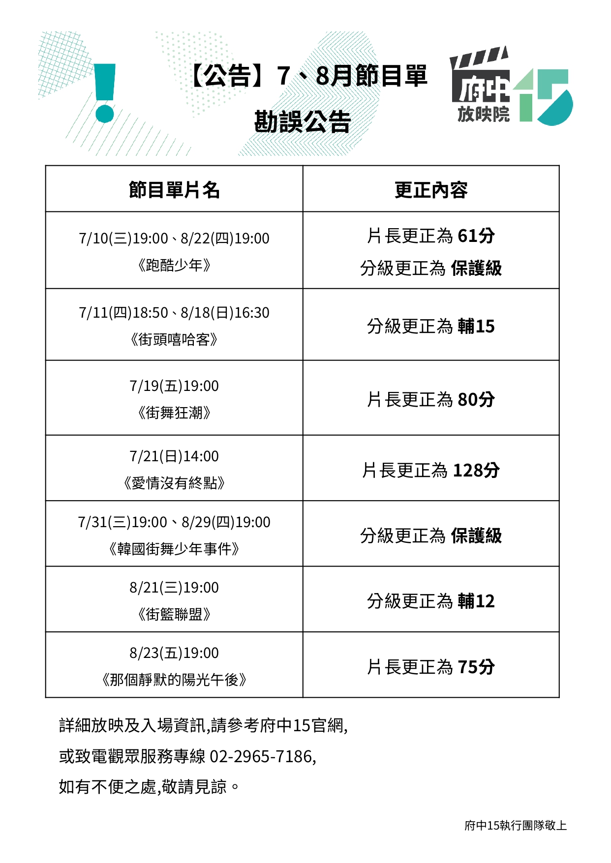7/10（三）19:00、8/22（四）19:00，《跑酷少年》，片長更正為 61分，分級更正為 保護級、7/11（四）18:50、8/18（日）16:30，《街頭嘻哈客》，分級更正為 輔15、7/19（五）19:00，《街頭狂潮》，片長更正為 80分、7/21（日）14:00，《愛情沒有終點》，片長更正為 128分、7/31（三）19:00、8/29（四）19:00，《韓國街舞少年事件》，分級更正為 保護級、8/21（三）19:00，《街籃聯盟》，分級更正為 輔12、8/23（五）19:00，《那個靜默的陽光午後》，片長更正為 75分